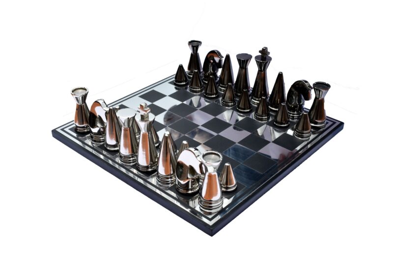 Art Beauty Chess Set Silver & Black Coated Solid Aluminum 4" King with 14" Chess board-0