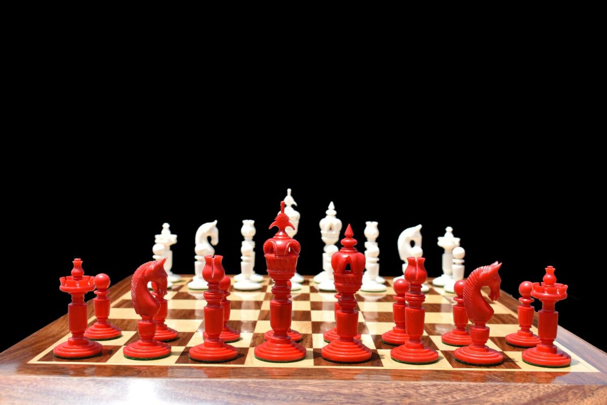 Ancient Art Bone Crafted Chess Pieces Natural Bone & Red Gilded Bone 4" King-0