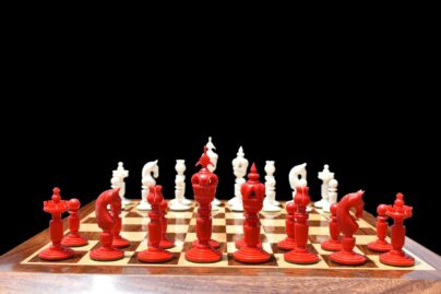 Ancient Art Bone Crafted Chess Pieces Natural Bone & Red Gilded Bone 4" King-0