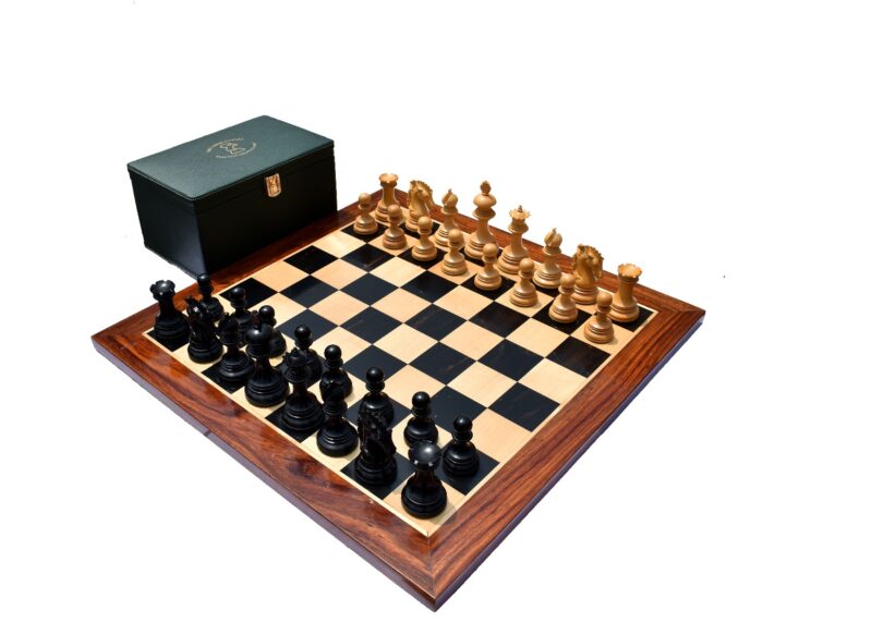 Wellington Series Chess set Boxwood & Ebony 4.4" King with 2.25" Square Chess Board & Chess Storage Box-0