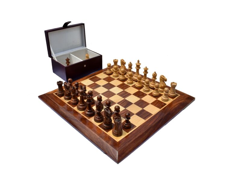 Oxford Staunton Chess Set Boxwood & Sheesham 3.75" King with 1.75"Square Chess Board & Storage Box-0