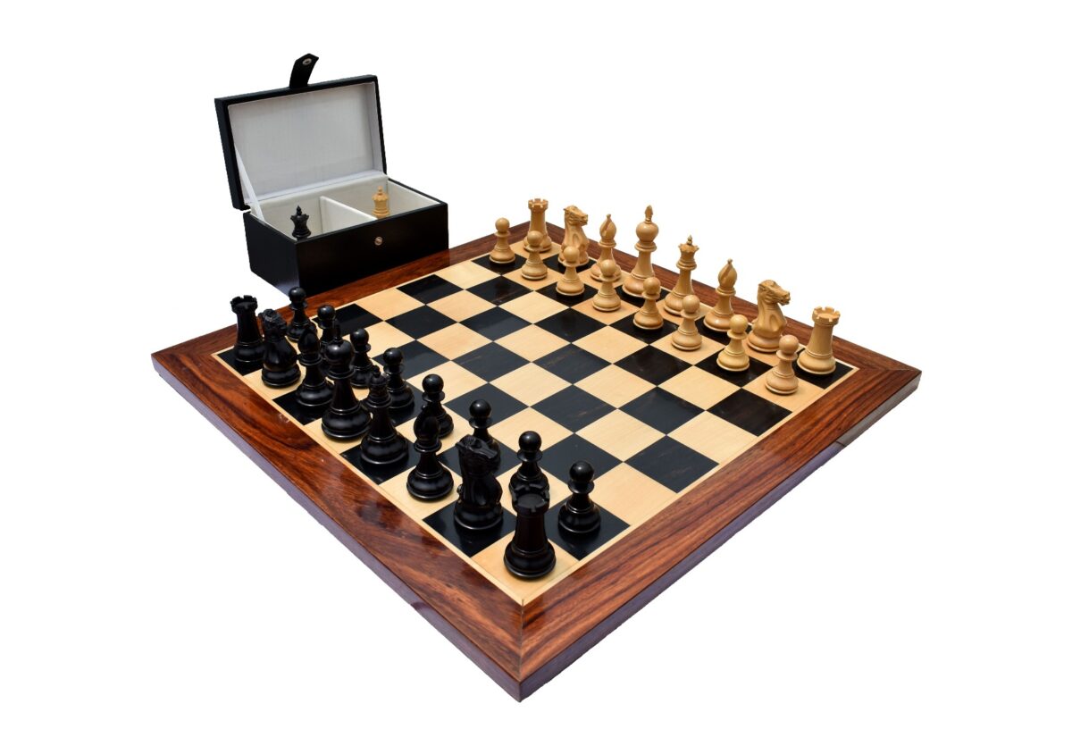 The Royal Knight Chess Set Boxwood & Ebonized 4" King with 2" Square chess board & storage Box-0