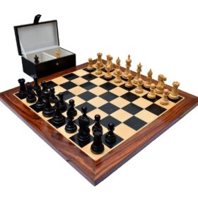 The Royal Knight Chess Set Boxwood & Ebonized 4" King with 2" Square chess board & storage Box-0