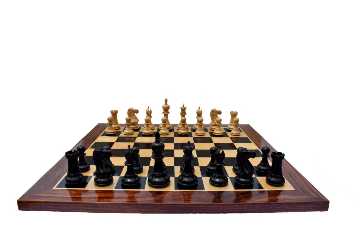 The Royal Knight Chess Set Boxwood & Ebonized 4" King with 2" Square chess board & storage Box-5692