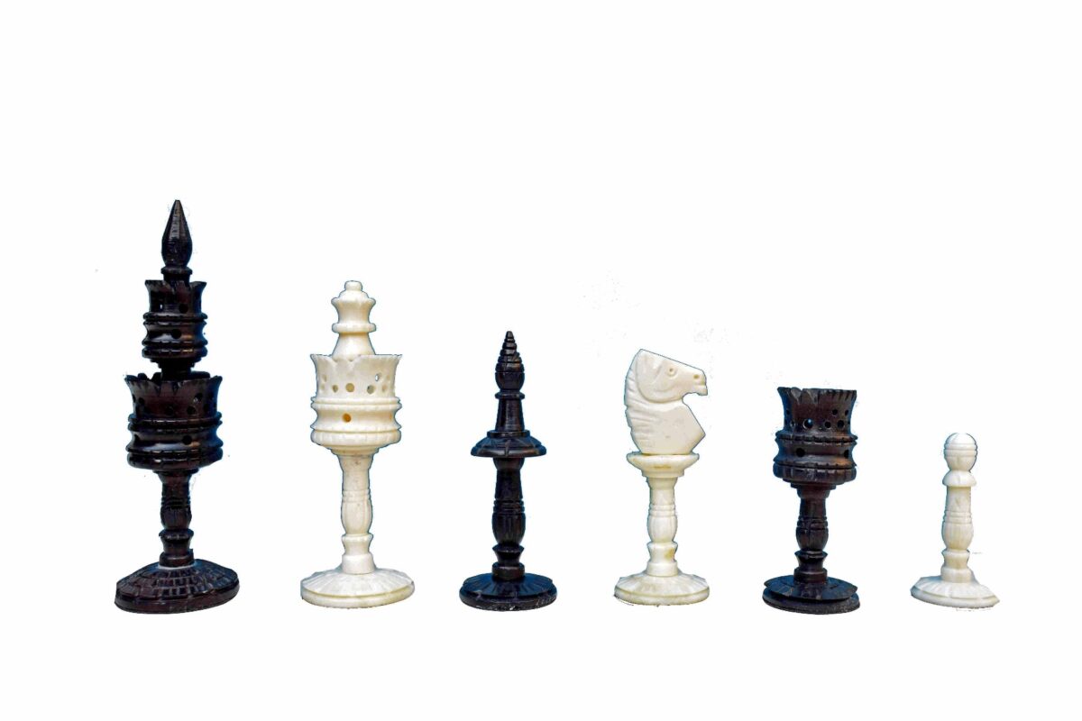 Lotus Flower Series Chess Pieces Natural Bone & Stained Bone Crafted 4" King -6553