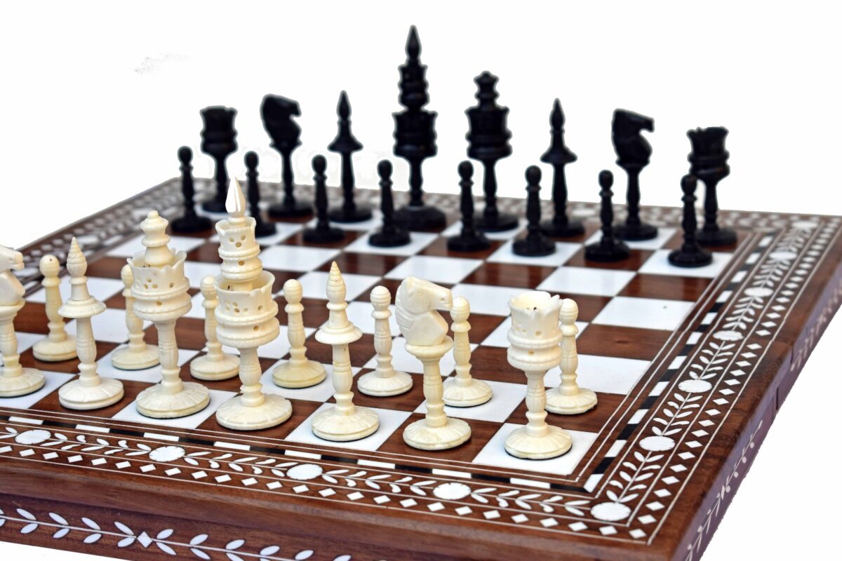 The Lotus Flower Series complete chess set Natural Bone & Stained Bone crafted 4" King with 16" Chess Board-6567