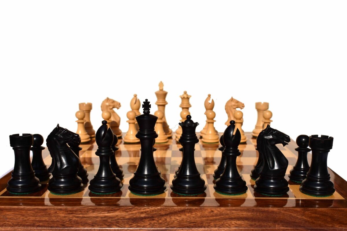 The Fierce Knight Series complete chess set Boxwood & Ebonized 4" King with 2" square chess board-0