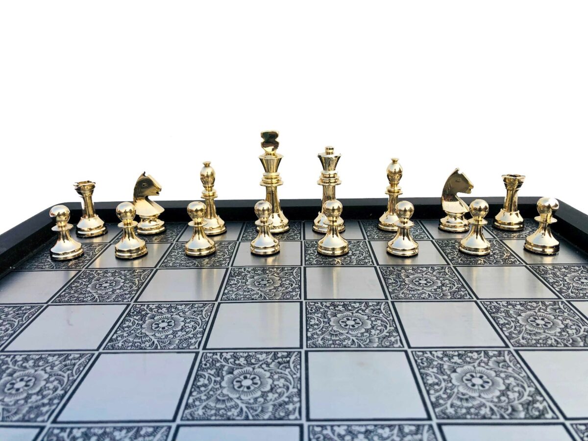 Miniature Staunton Brass Complete chess set Brass & Brown coated brass chess pieces 2.5" King with 12" chess board-6858