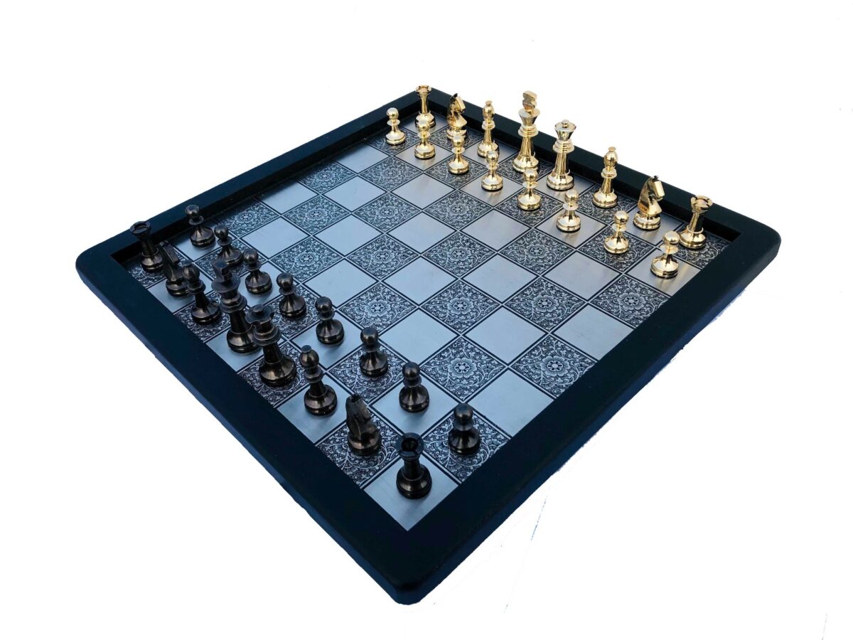 Miniature Staunton Brass Complete chess set Brass & Brown coated brass chess pieces 2.5" King with 12" chess board-6857