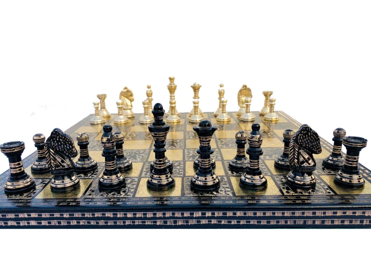 The Mughal Empire brass chess set Brass & Black Coated brass 2.75" King with 14" chess board-6888