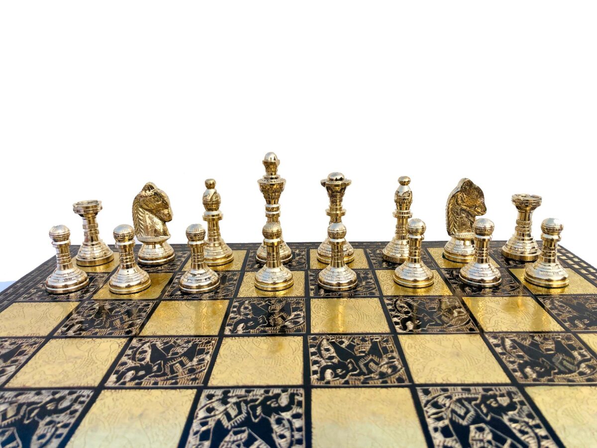 The Mughal Empire brass chess set Brass & Black Coated brass 2.75" King with 14" chess board-6896