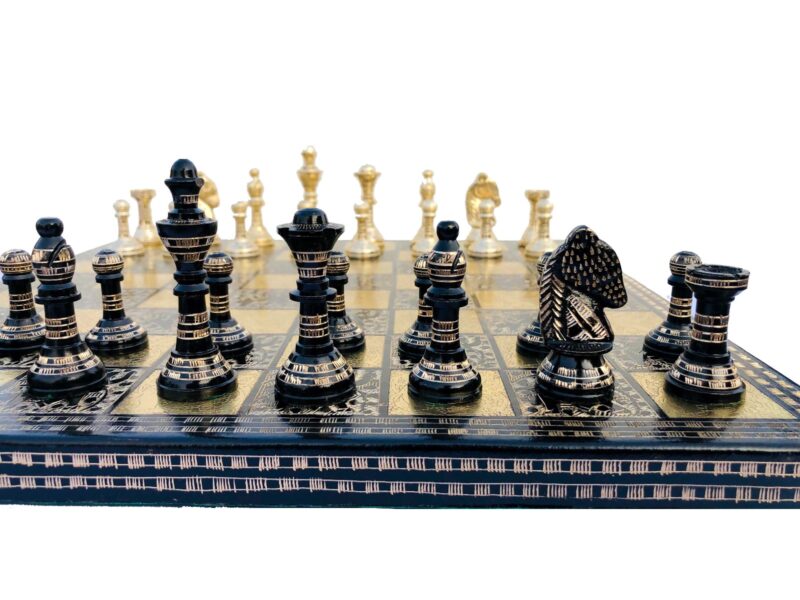 The Mughal Empire brass chess set Brass & Black Coated brass 2.75" King with 14" chess board-0