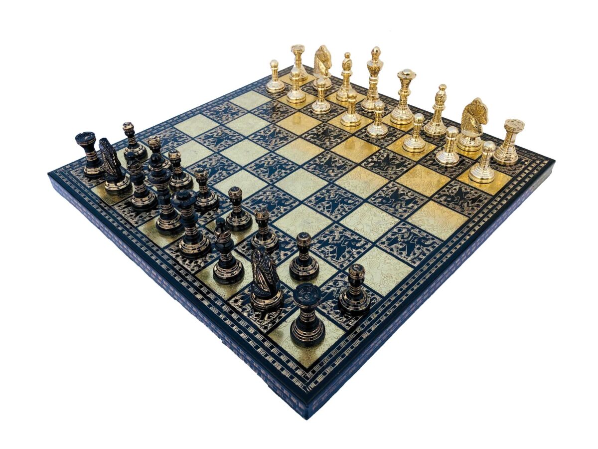 The Mughal Empire brass chess set Brass & Black Coated brass 2.75" King with 14" chess board-6890