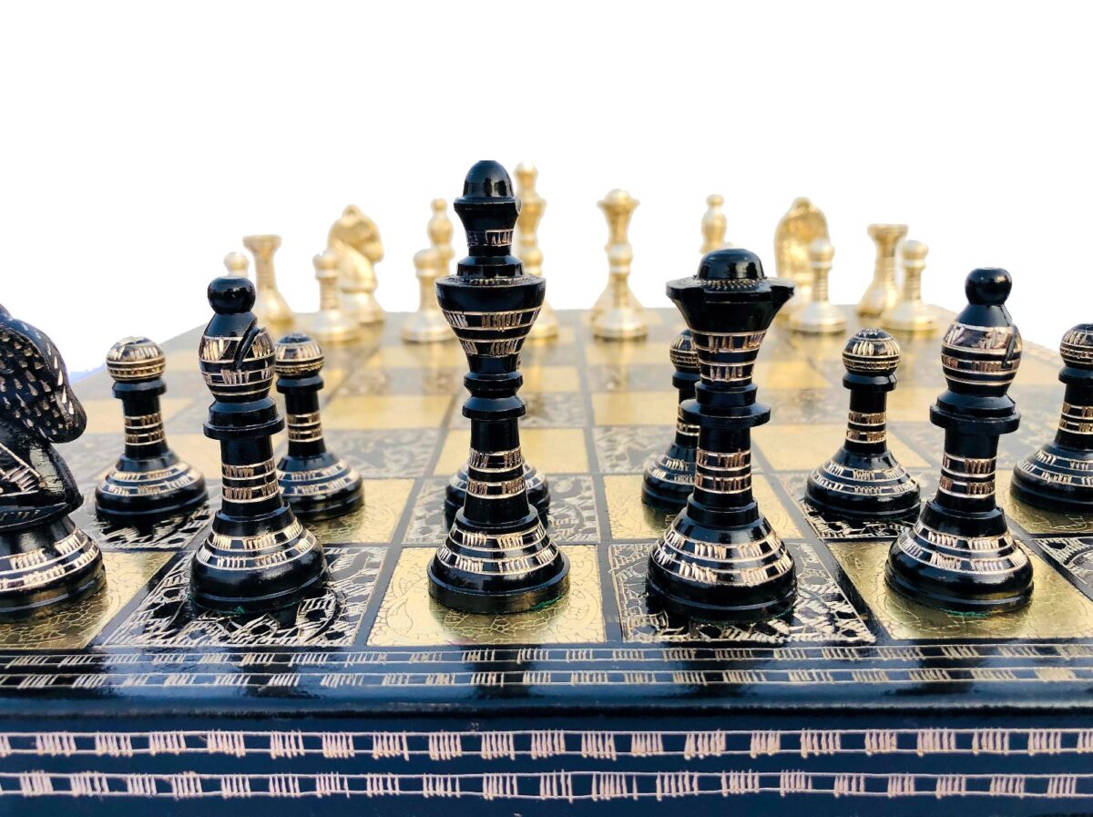 The Mughal Empire brass chess set Brass & Black Coated brass 2.75" King with 14" chess board-6893