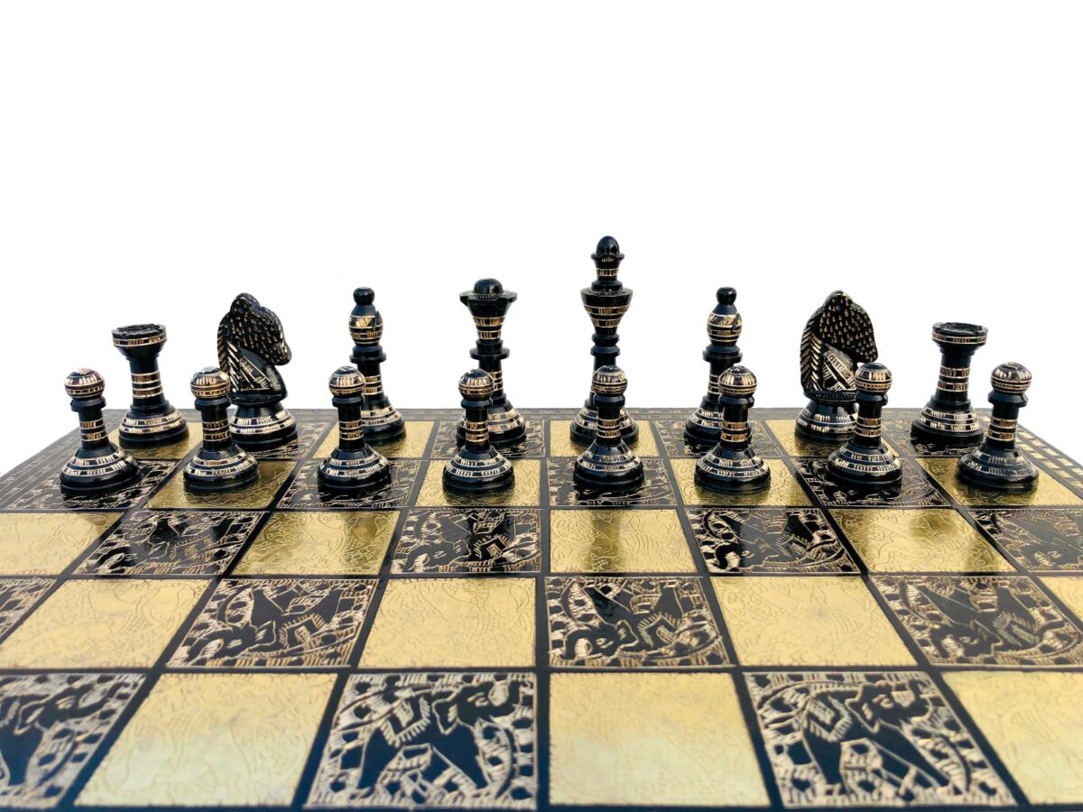 The Mughal Empire brass chess set Brass & Black Coated brass 2.75" King with 14" chess board-6894