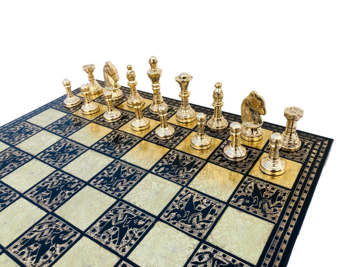 The Mughal Empire brass chess set Brass & Black Coated brass 2.75" King with 14" chess board-6897