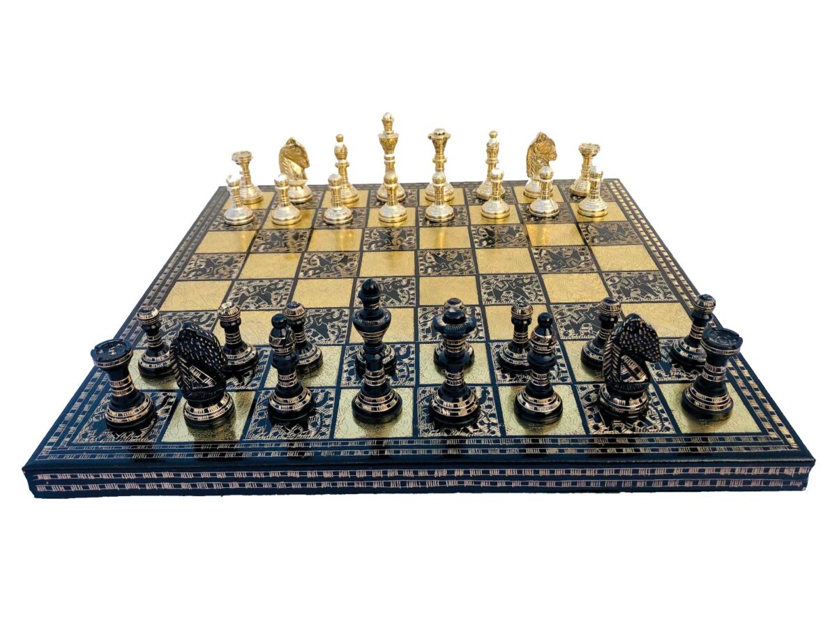 The Mughal Empire brass chess set Brass & Black Coated brass 2.75" King with 14" chess board-6889