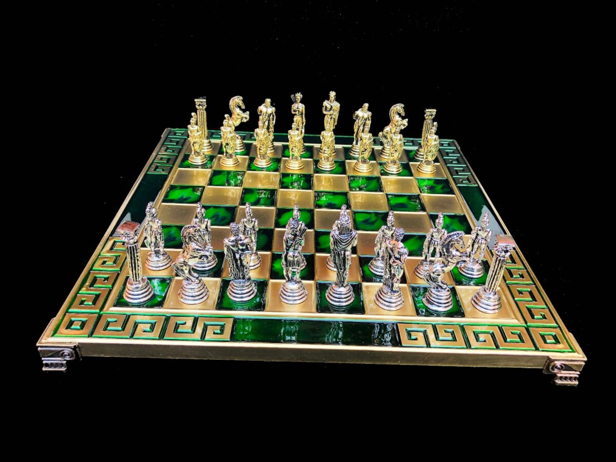 Greek Warrior Complete chess set 32 cm x 32 cm Green Alloy Zinc Metal chess set-7231