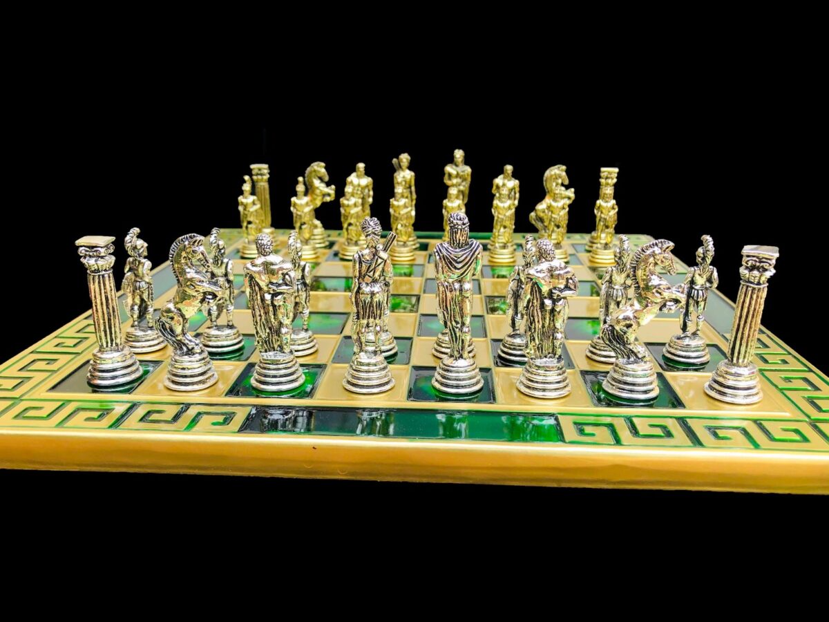 Greek Warrior Complete chess set 32 cm x 32 cm Green Alloy Zinc Metal chess set-7234