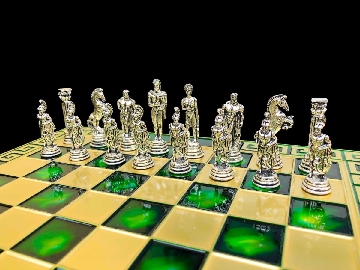 Greek Warrior Complete chess set 32 cm x 32 cm Green Alloy Zinc Metal chess set-7233