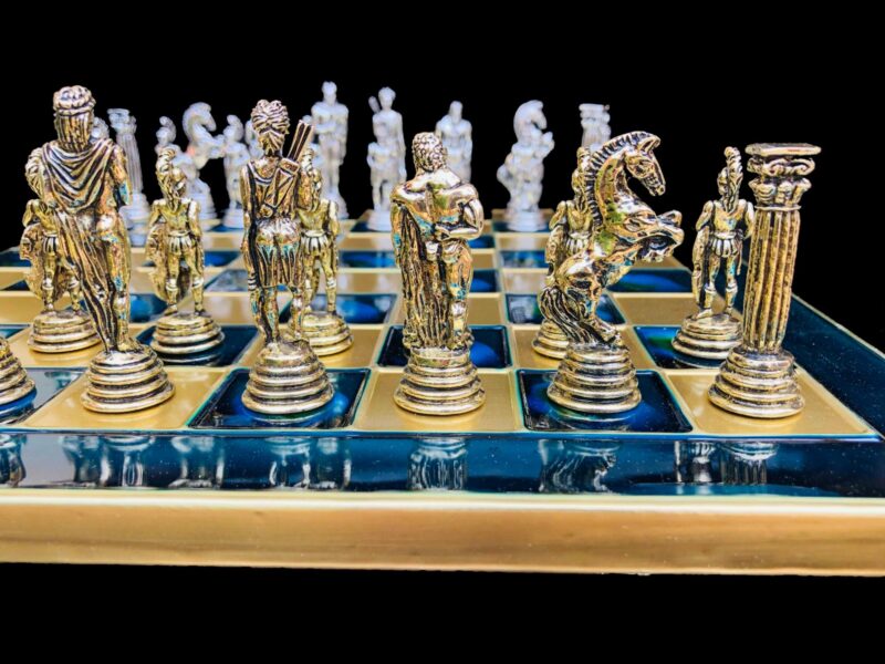 Greek Warrior Complete chess set 32 cm x 32 cm Torquoise Alloy Zinc Metal chess set-0