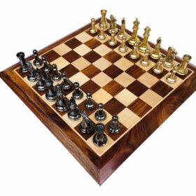 Exclusive Brass Staunton Chess Set Brass & Black Coated Brass 4" King with 2" Square Chess Board-0