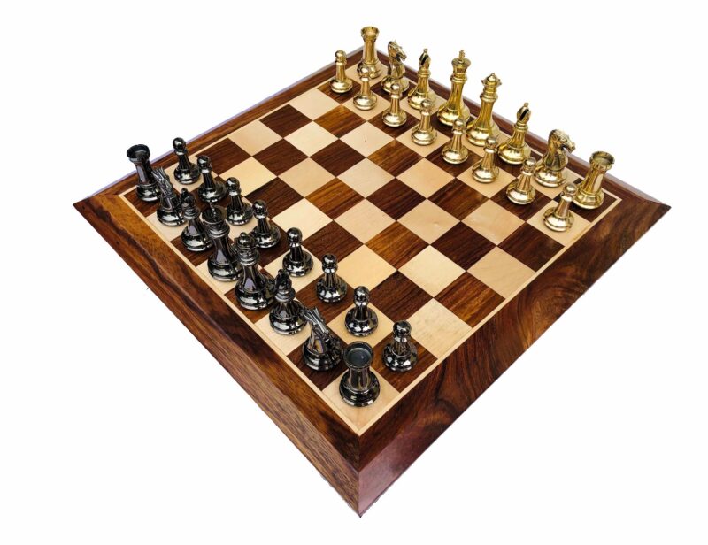 Exclusive Brass Staunton Chess Set Brass & Black Coated Brass 4" King with 2" Square Chess Board-0