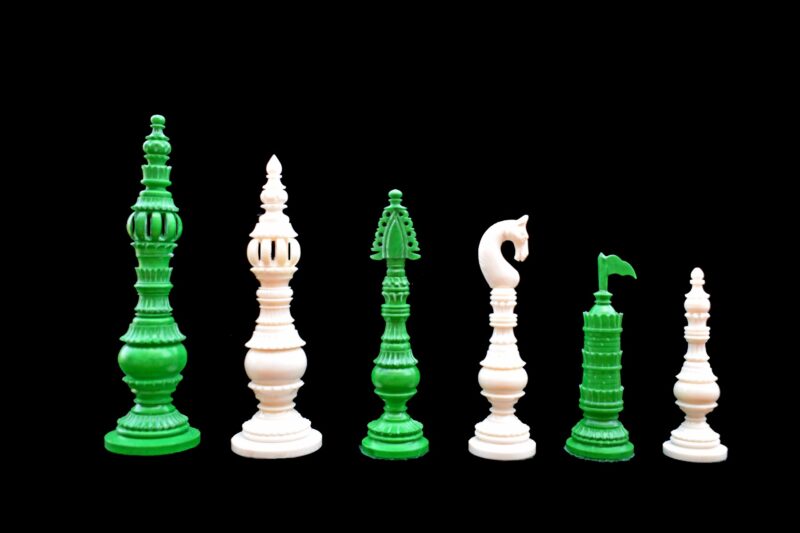 Tower Series Bone Crafted chess pieces Natural Bone & Green stained Bone 6.25" King-0