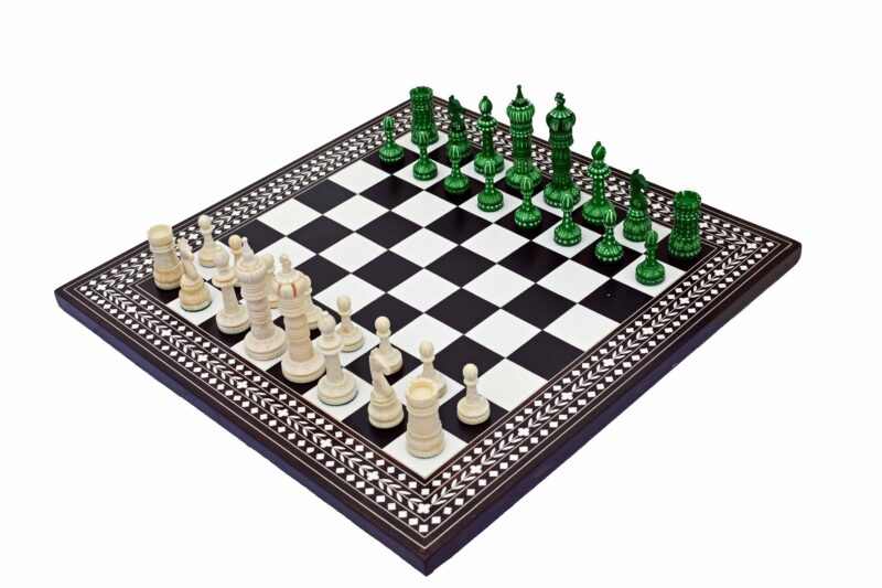 The King cross series Bone crafted chess set Natural Bone & Green Stained Bone 4" King with 18" chess board-0