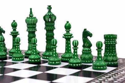 The King cross series Bone crafted chess pieces Natural Bone & Green Stained Bone 4" King-0