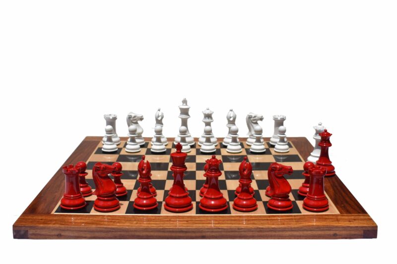 The Pioneer Series Chess set White & Red Lacquered Boxwood 4" King with 2" Square chess board-0