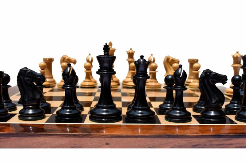 Queens Gambit Series chess set Boxwood & Ebony 4" King with 2" Square chess board-0