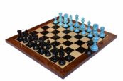 The Sovereign Series chess set Turquoise blue & Black lacquered boxwood 4.25" King with 2.25" square chess board-0