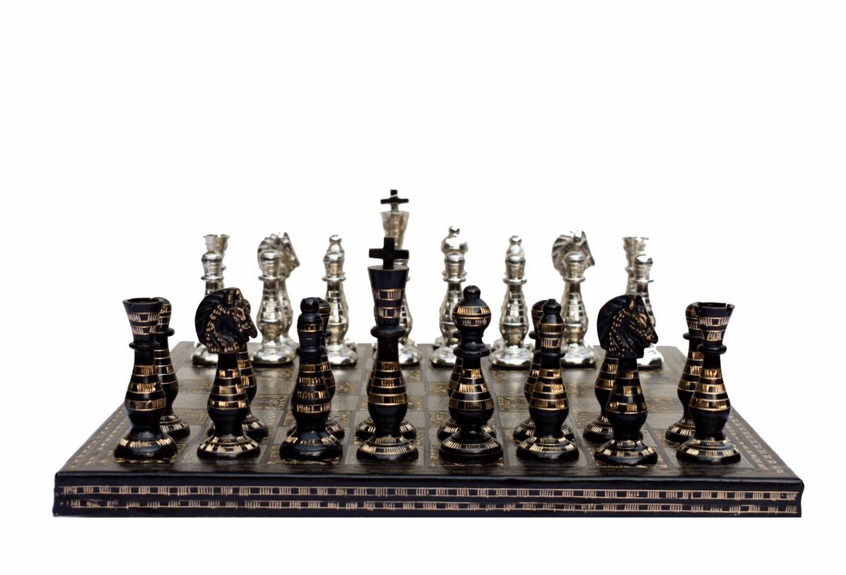 The Royal Carved Series brass chess set 3.75" King with 14" x 14" chess board-7894