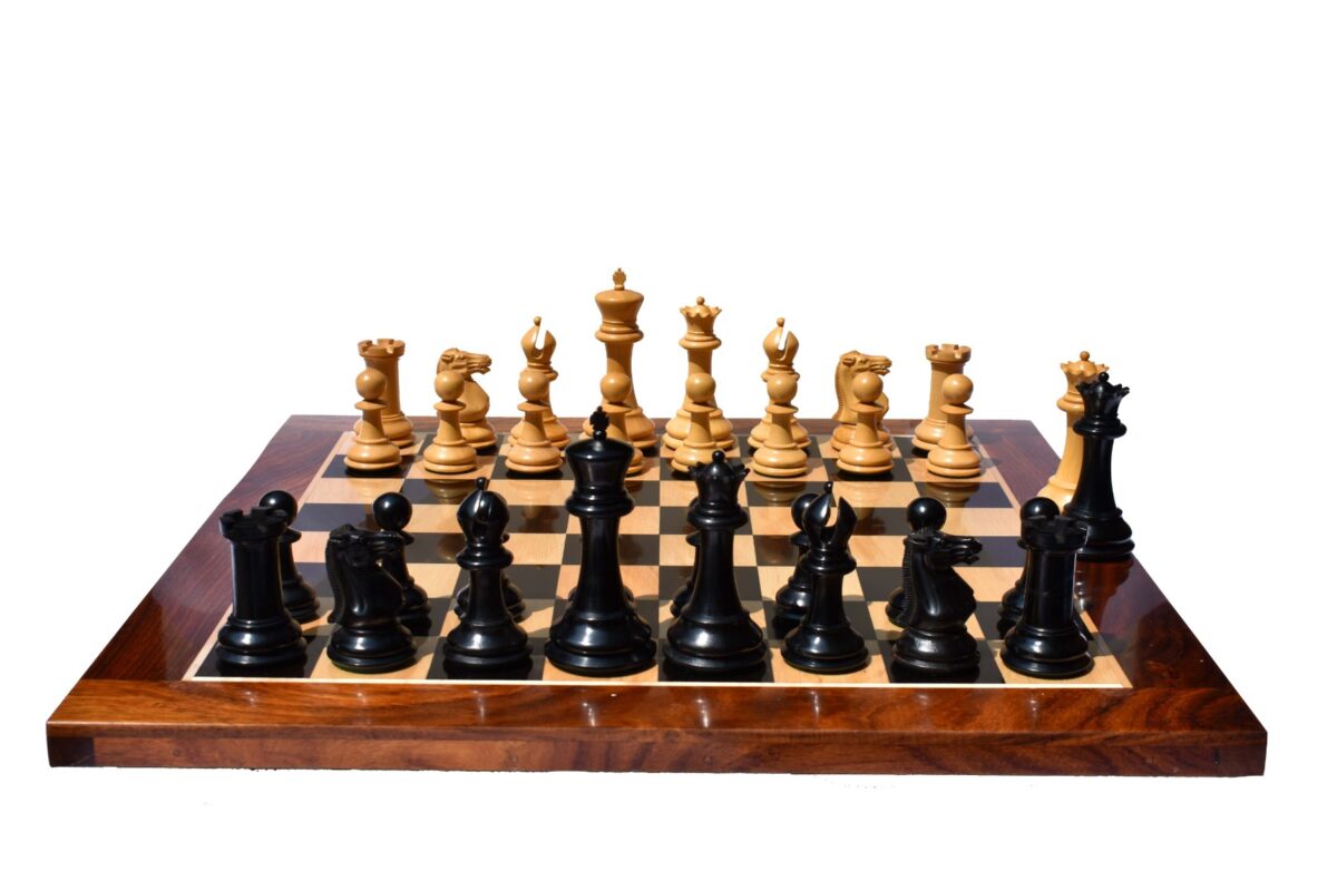 Jaques Morphy Staunton Chess set reproduction Boxwood & Ebony 4.4" King with 2.25" square chess board-8070