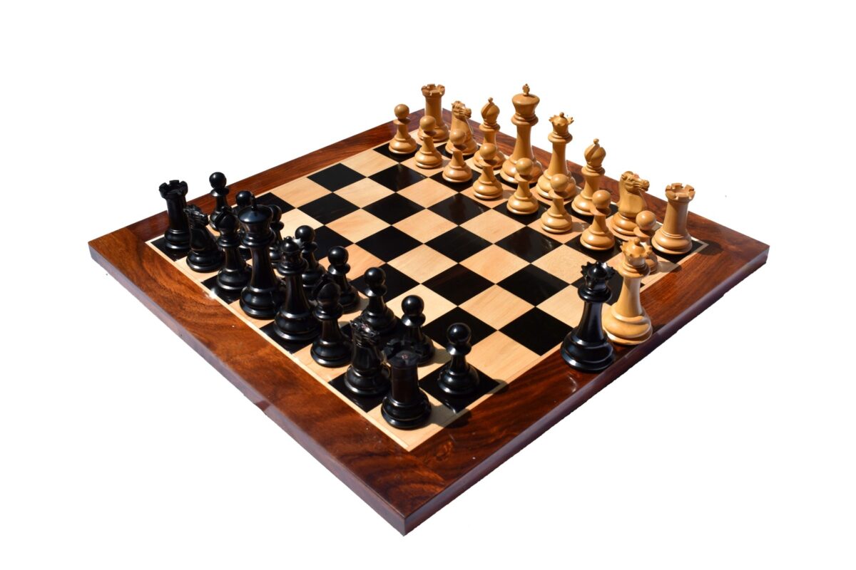 Jaques Morphy Staunton Chess set reproduction Boxwood & Ebony 4.4" King with 2.25" square chess board-8071