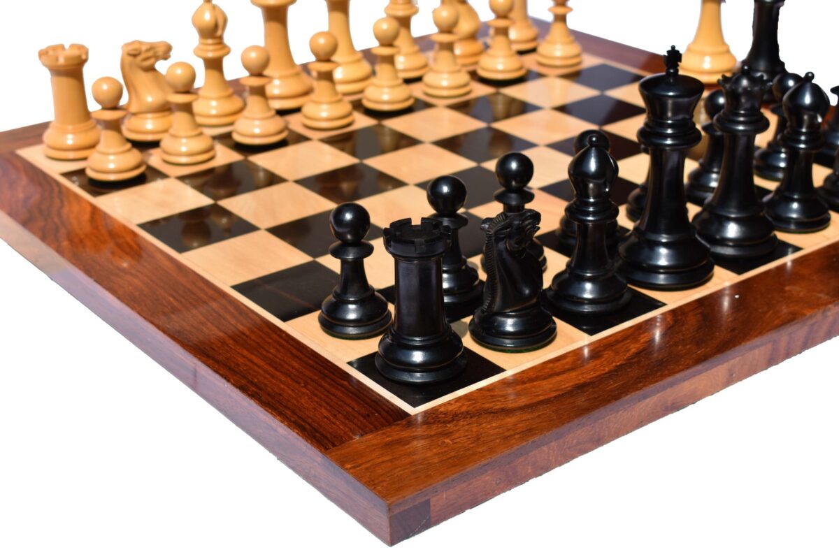 Jaques Morphy Staunton Chess set reproduction Boxwood & Ebony 4.4" King with 2.25" square chess board-0