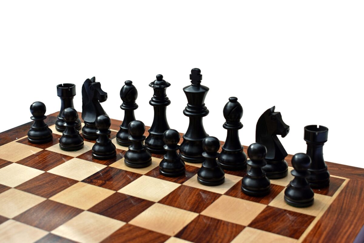 The Champion Series Chess Set Boxwood & Ebonized 3.75" King with 1.75" square chess board and Storage Case-8338