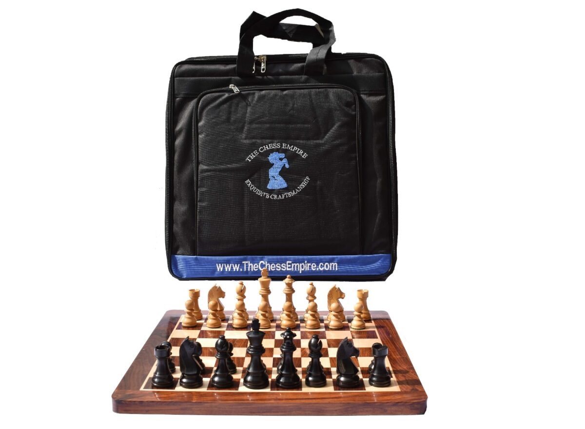 The Champion Series Chess Set Boxwood & Ebonized 3.75" King with 1.75" square chess board and Storage Case-8333