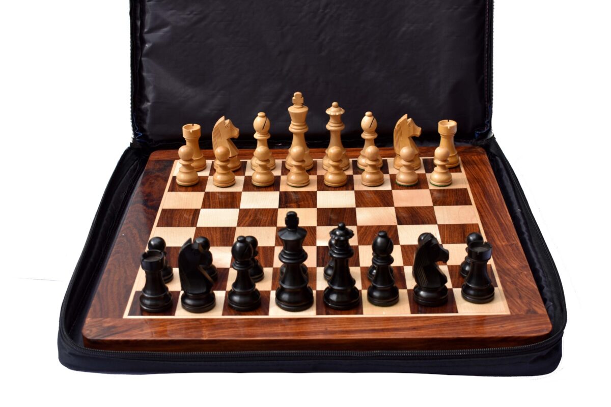 The Champion Series Chess Set Boxwood & Ebonized 3.75" King with 1.75" square chess board and Storage Case-8334