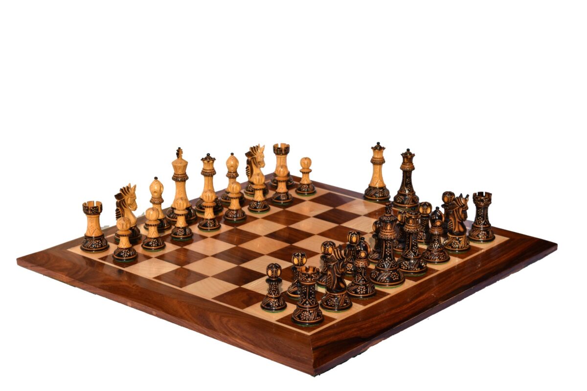 Designer Staunton luxury high glossy finish chess set Burnt Boxwood 4" King with 2" square chess board-8365