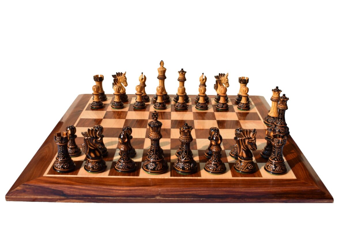 Designer Staunton luxury high glossy finish chess set Burnt Boxwood 4" King with 2" square chess board-8366