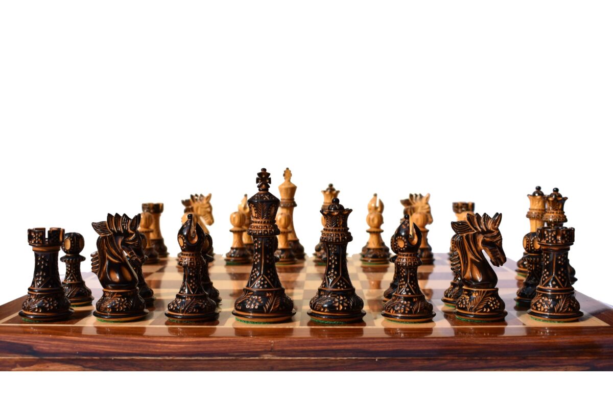 Designer Staunton luxury high glossy finish chess set Burnt Boxwood 4" King with 2" square chess board-0