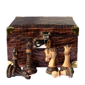 Crocodile brown leatherette chess pieces storage box for 3.75" King to 4.5" King -0