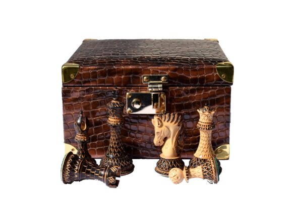 Crocodile brown leatherette chess pieces storage box for 3.75" King to 4.5" King -0