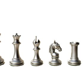 The sheffield Series chess Set Silver & Black Boxwood Lacquered 4.4" King with 2.25" Square Chess Board-8399