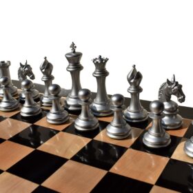 The sheffield Series chess Set Silver & Black Boxwood Lacquered 4.4" King with 2.25" Square Chess Board-8393