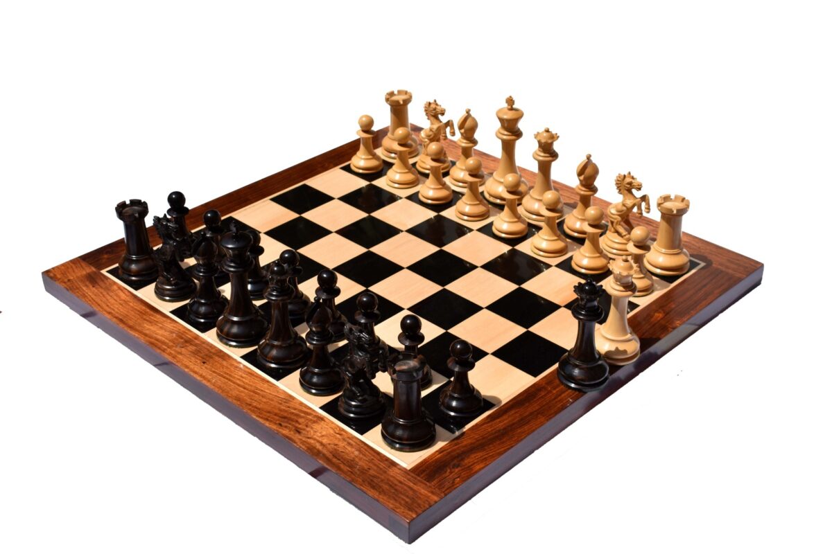 Special Edition Kohinoor Series Chess Set Boxwood & Golden Grain Stripped Ebony 5" King with 2.5" Square Chess Board-8514