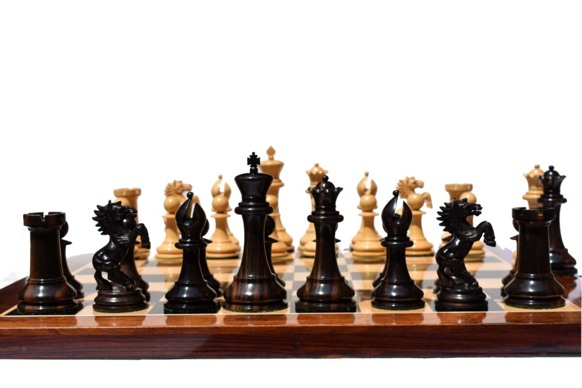 Special Edition Kohinoor Series Chess Set Boxwood & Golden Grain Stripped Ebony 5" King with 2.5" Square Chess Board-0