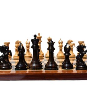 Special Edition Kohinoor Series Chess Set Boxwood & Golden Grain Stripped Ebony 5" King with 2.5" Square Chess Board-0